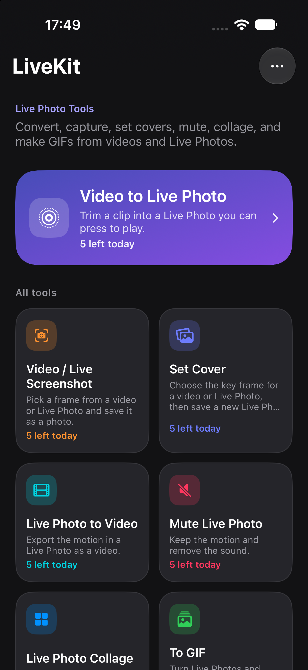 LiveKit home with Live Photo tools
